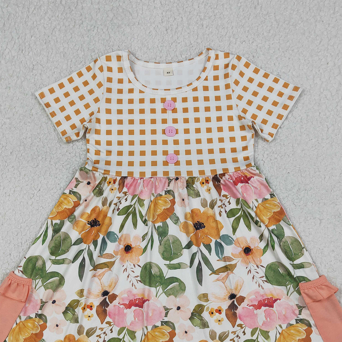4.11 GSD4095 RTS NO MOQ （In stock ）Plaid short sleeves pocket ruffle kids girls summer dress