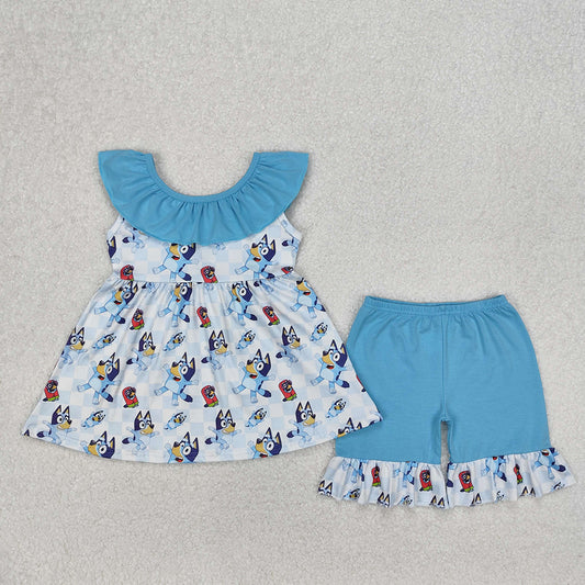 GSSO1886Blue Plaid Dog Tunic Sleeveless Ruffle Shorts Set Girls Outfit Casual Clothing Set for Kids