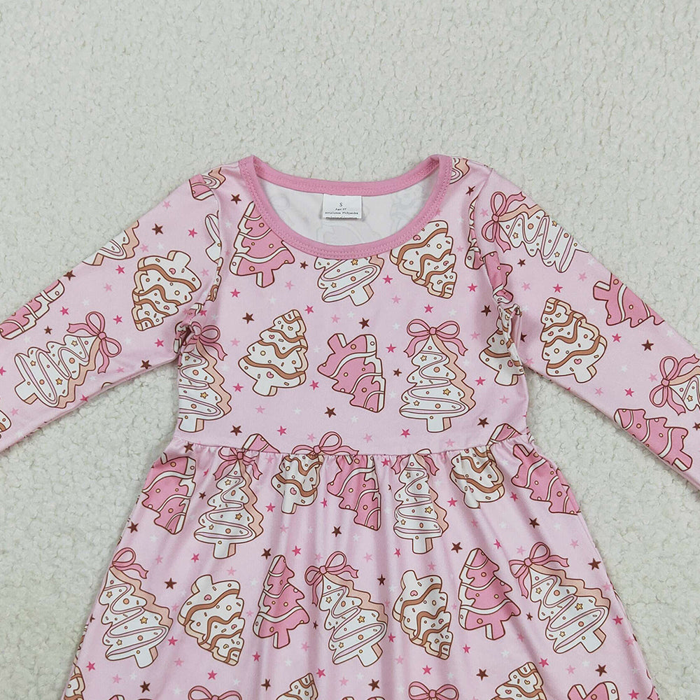 RTS NO MOQ （In stock）GLD1124Baby Girls Winter Dress Baby Girls Christmas Tree Cake Pink Long Sleeve Dress