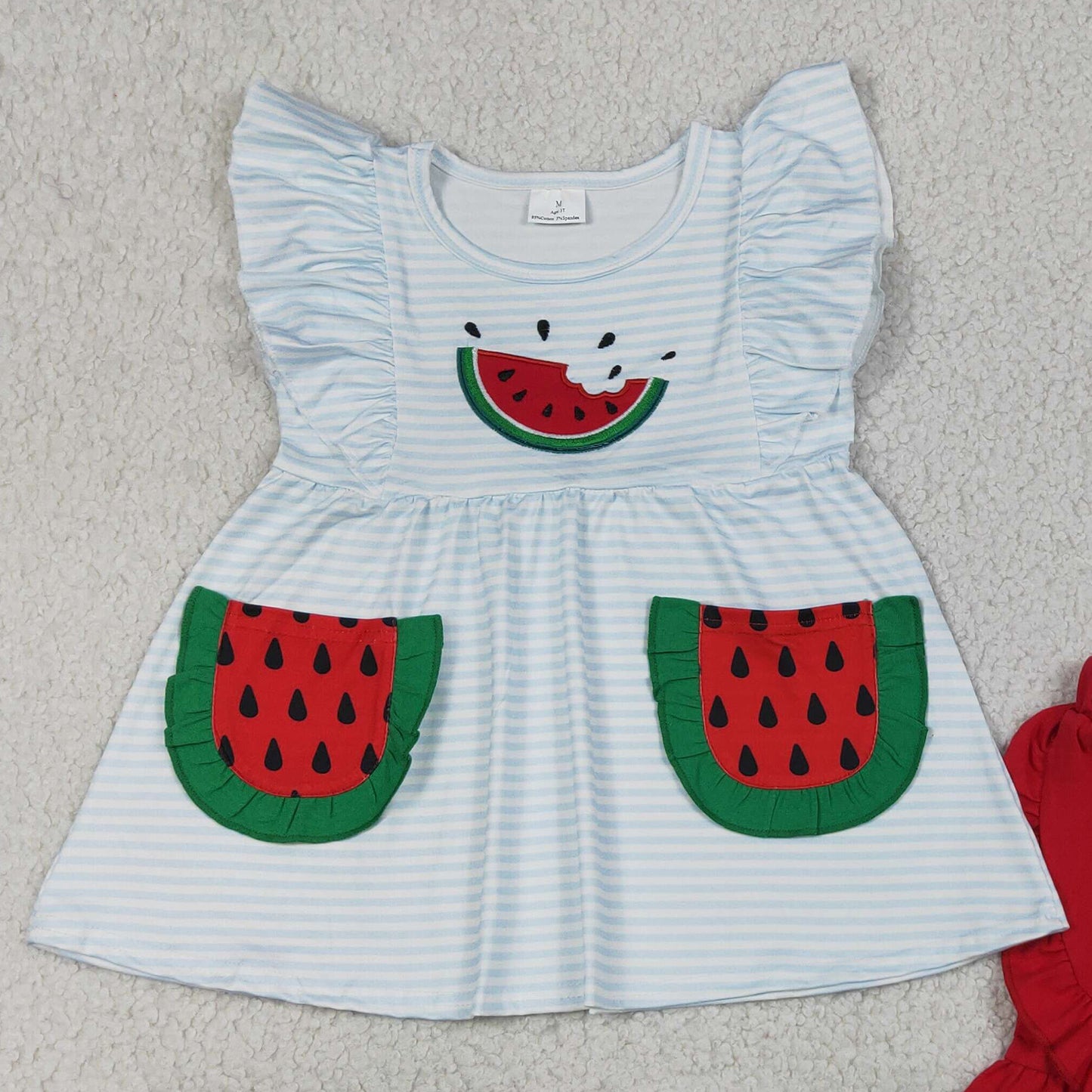GSSO3636 RTS NO MOQ （In stock）Embroidery Watermelon Baby Girls Blue Stripe Pockets Tunic Ruffle Short Clothes Sets