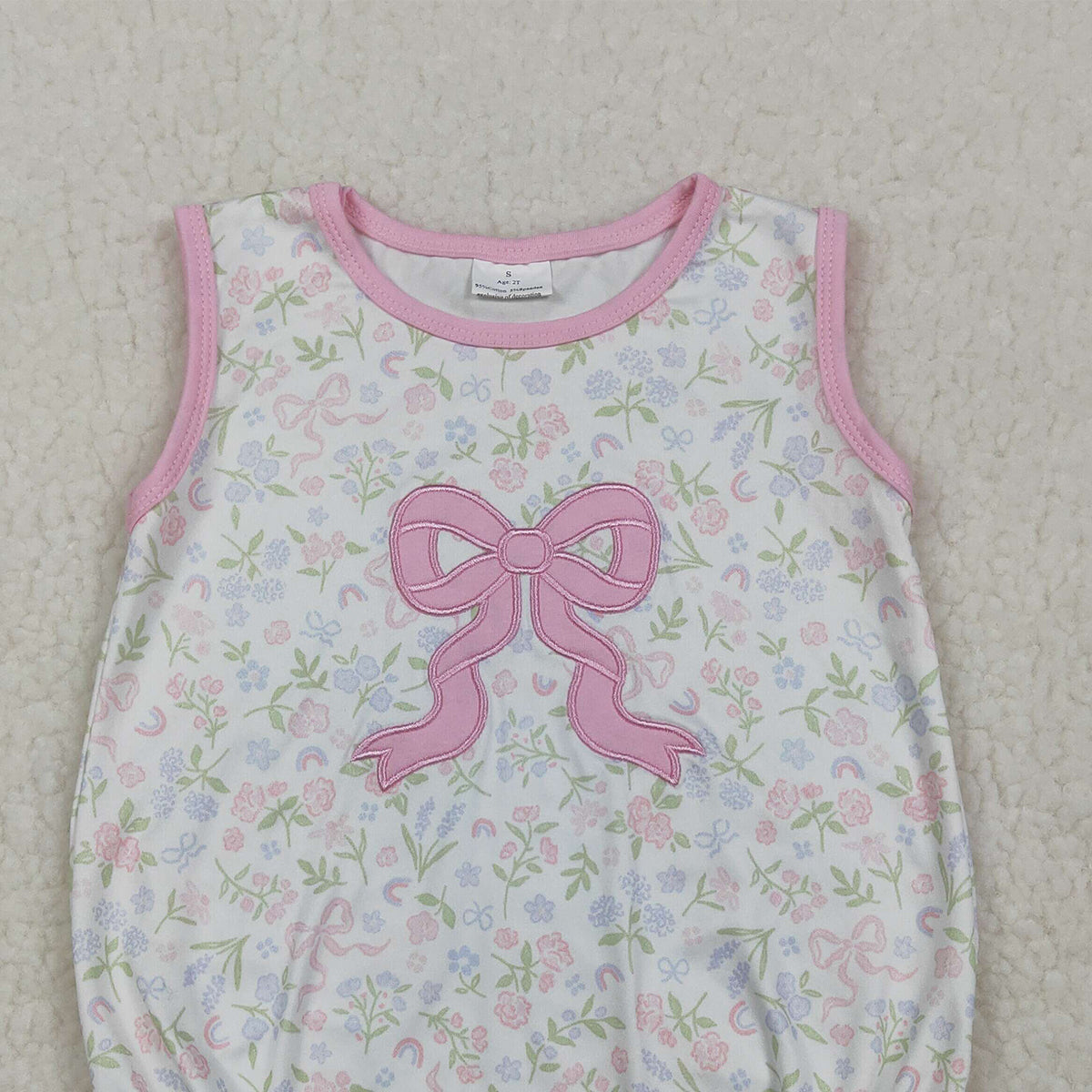 3.30 RTS NO MOQ （In stock）SR3727 Sleeveless pink bow embroidery floral baby girl romper