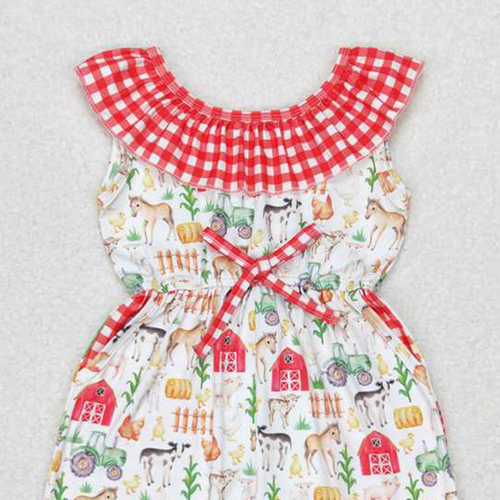 4.22 SR1301 RTS NO MOQ Plaid pig horse chicken pockets baby girls farm jumpsuit