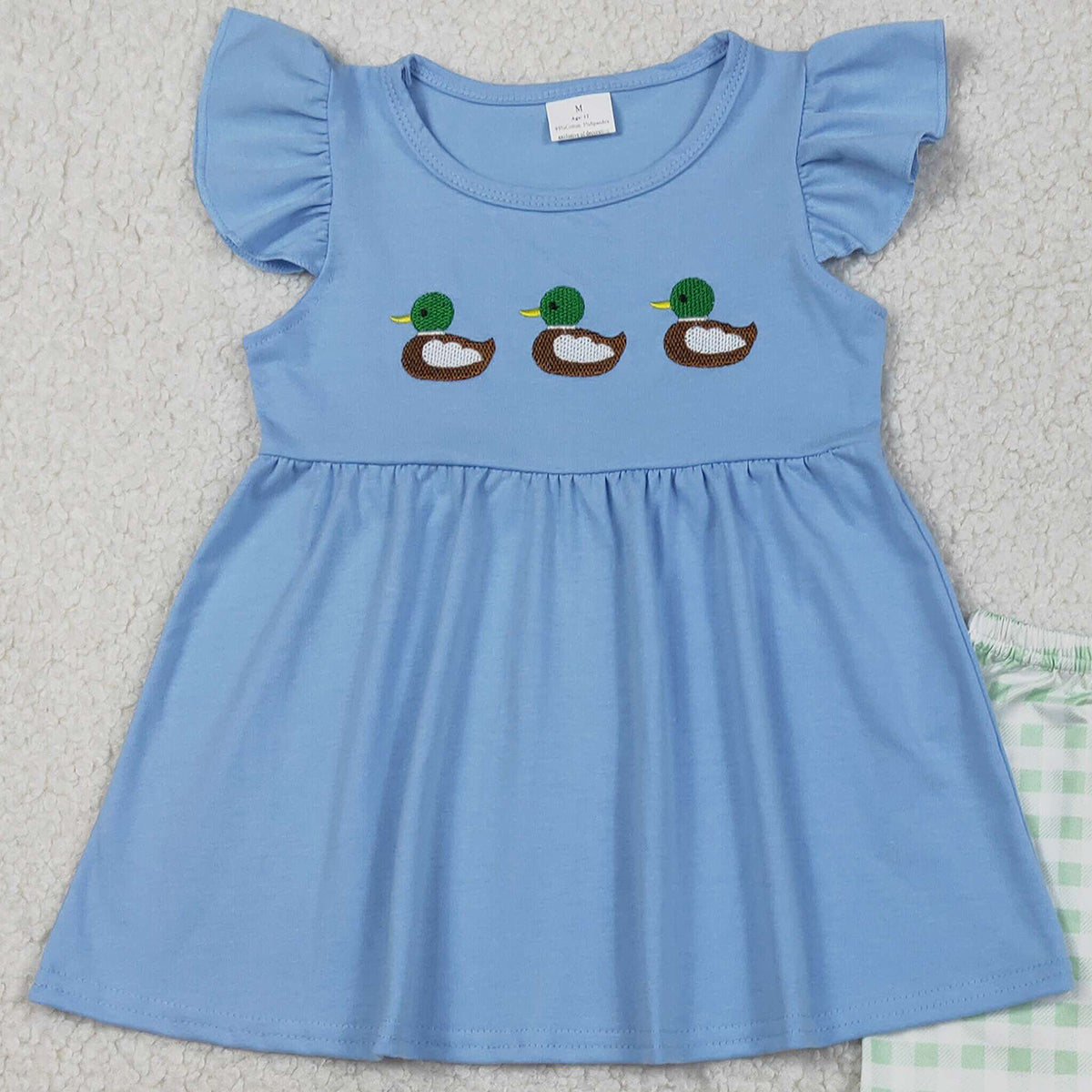 12.30 RTS NO MOQ （In stock）GSSO2728 Embroidery Ducks Baby Girls Flutter Sleeve Tunic Checked Ruffle Shorts Clothes Sets