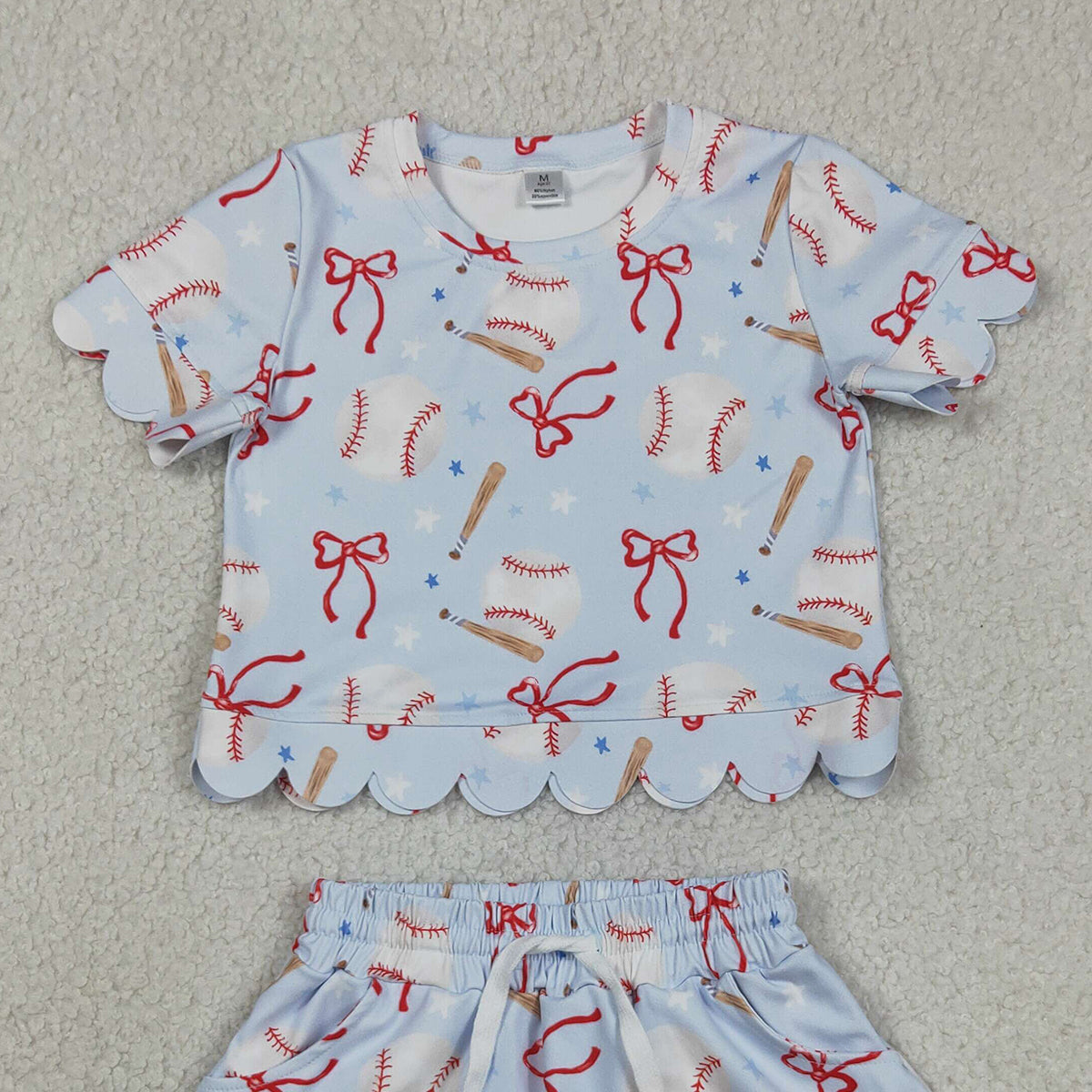 GSD3656 RTS NO MOQ （In stock ）Short sleeves baseball bow scallop top skirt girls active outfit