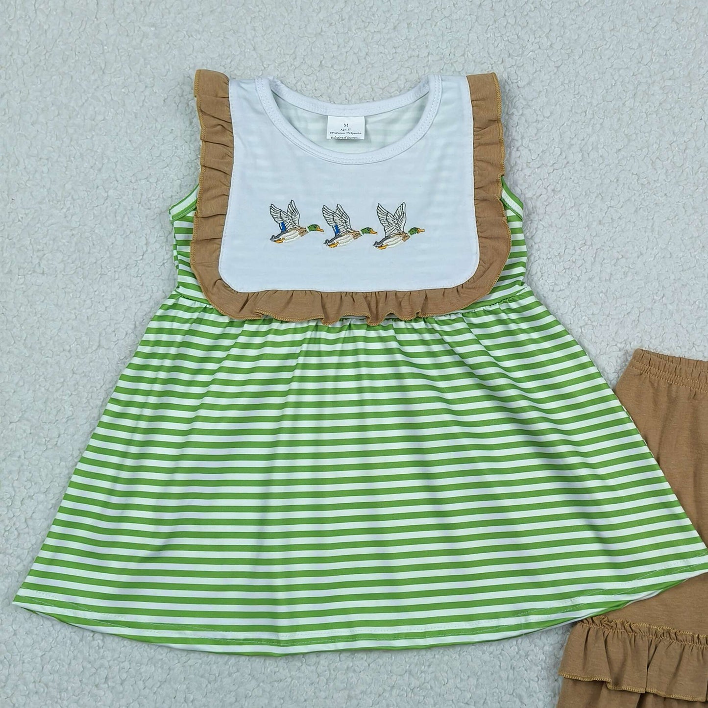 GSSO3432 RTS NO MOQ （In stock ）Duck embroidery stripe tunic brown shorts girls outfits