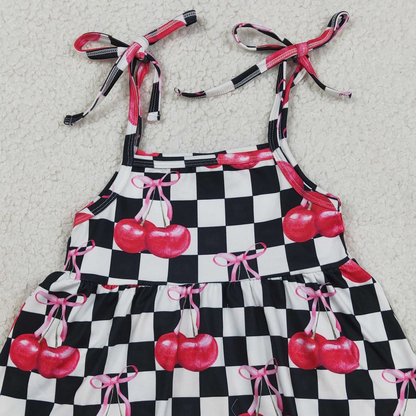 SR3854 RTS NO MOQ （In stock）Straps black plaid cherry bow baby girls summer romper
