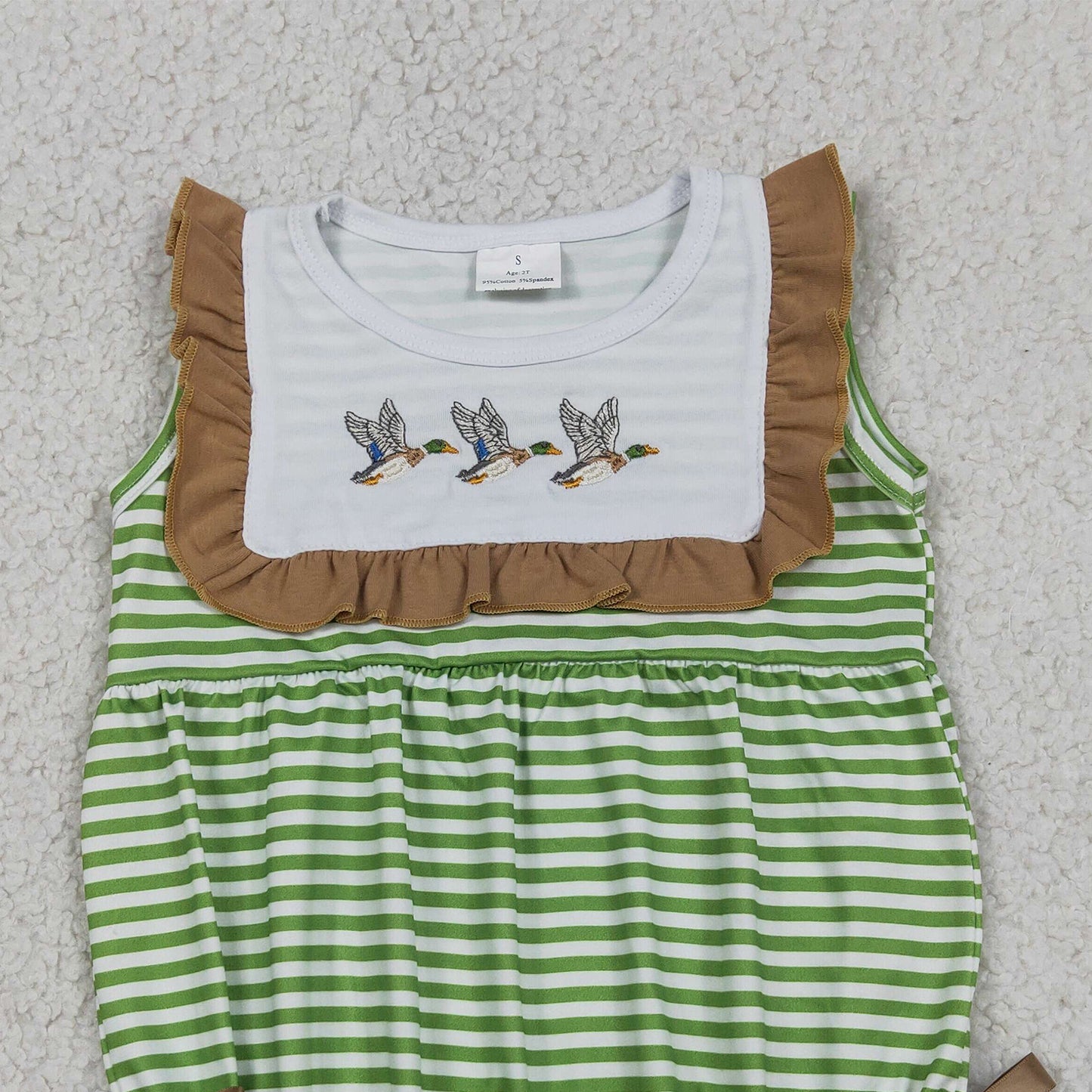 SR4084  RTS NO MOQ （In stock ） Sleeveless duck embroidery stripe baby girls romper