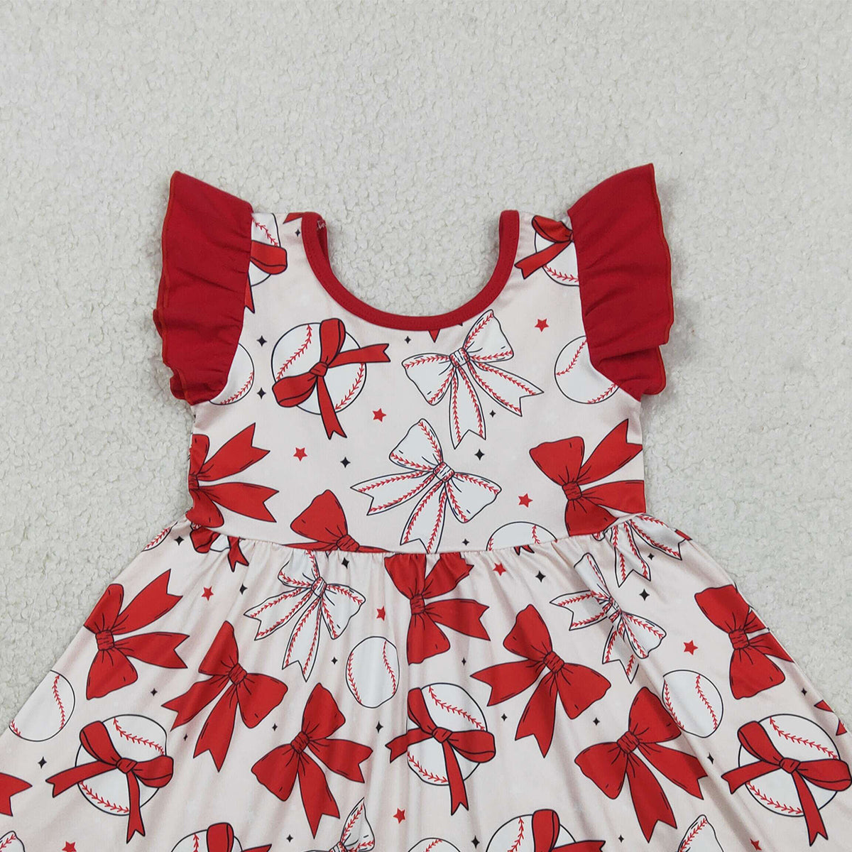 2.4 RTS NO MOQ （In stock）GSD3456 Baby Girls Flutter Sleeve Baseballs Bows Team Knee Length Dresses