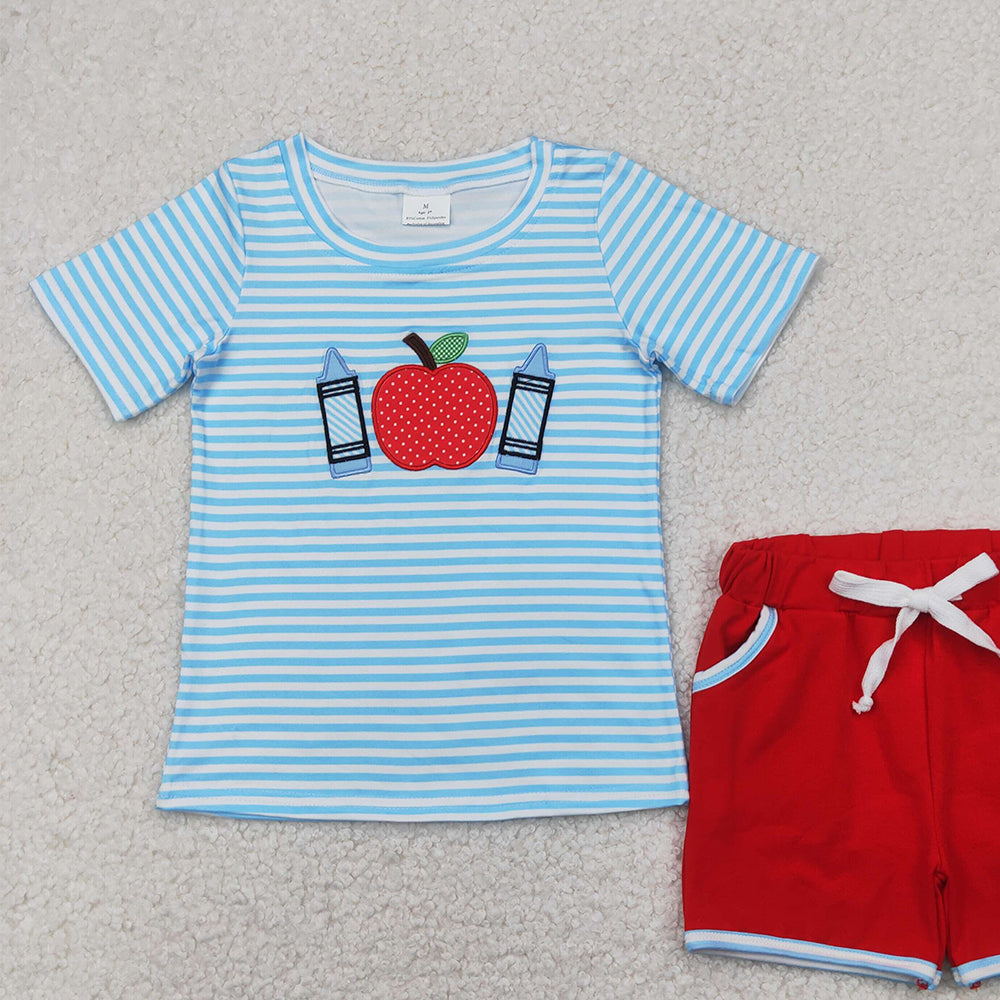 BSSO1328 RTS NO MOQ Baby Boys Summer Boys Outfits Stripe apple crayon top shorts boys back to school clothes