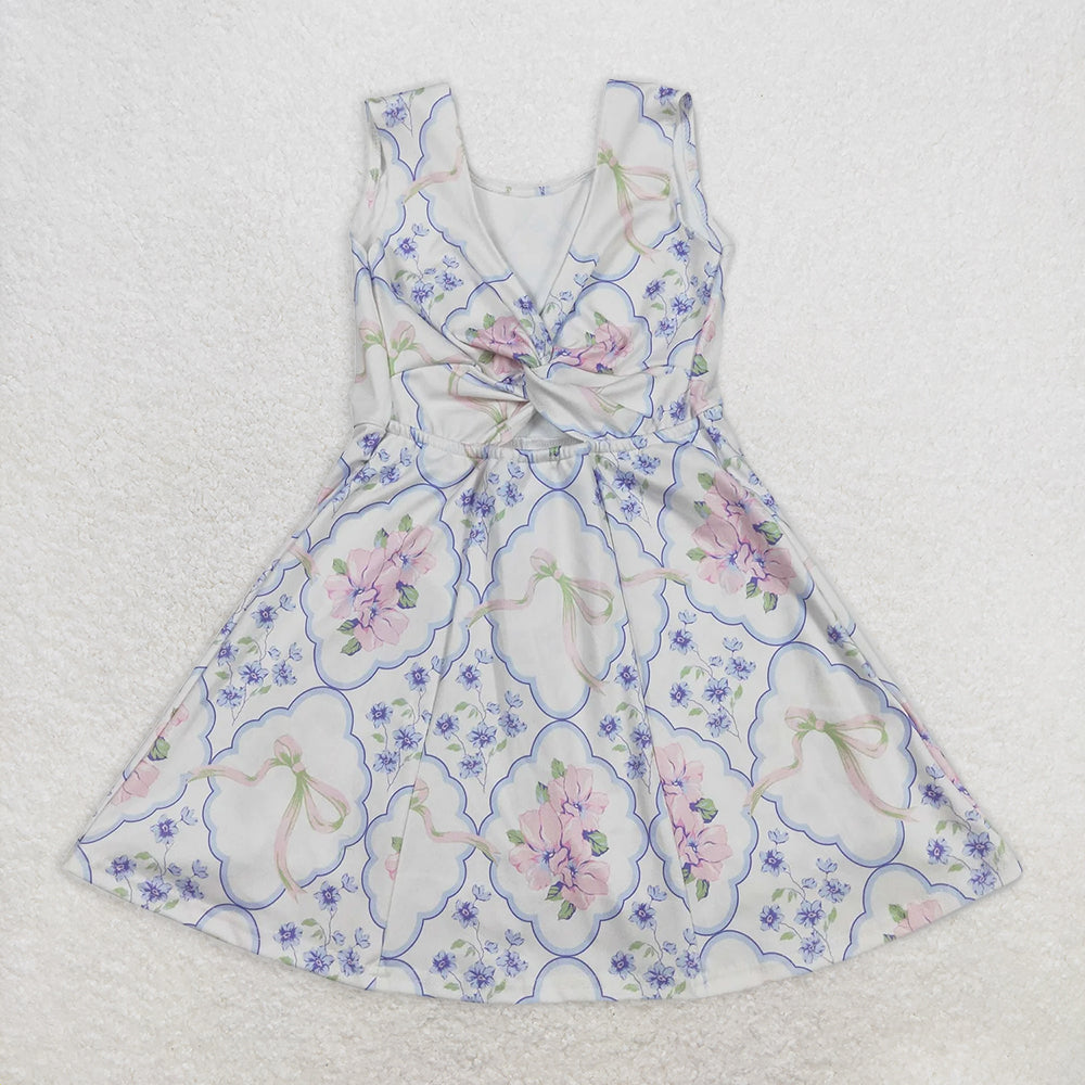 GSD1864RTS NO MOQ Baby Girls Summer Yoga Dress Sleeveless light blue pink floral bow baby girls athletic dresses