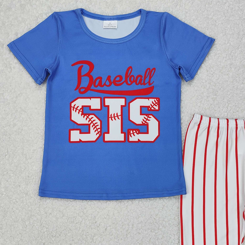 GSPO1994RTS NO MOQ Baby Girls Spring Outfits  Arrived it Blue baseball sister top stripe pants kids girls clothes