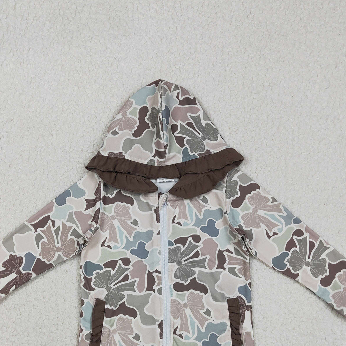 11.11 RTS NO MOQ （In stock）GT1263 Baby Girls Bows Camo Pockets Zipper Hunting Ruffle Hoodies Top