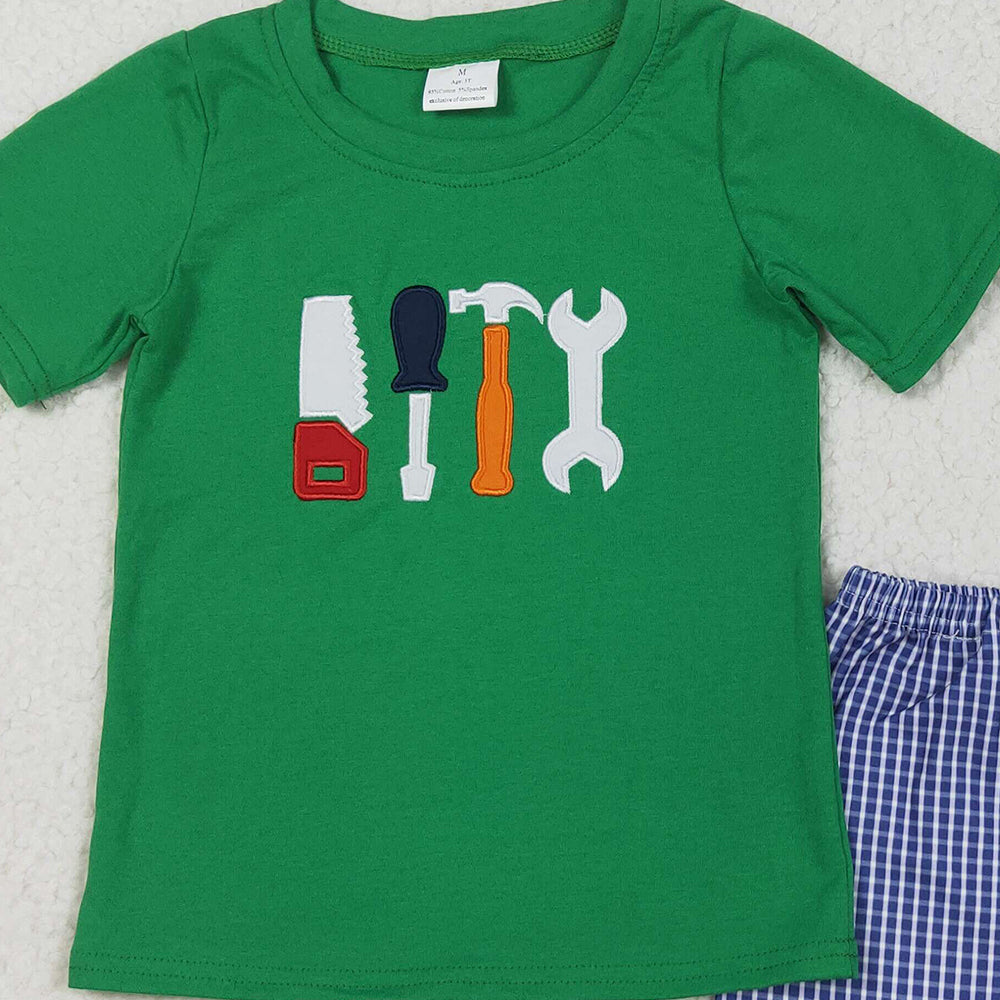 BSSO1066 RTS NO MOQ Baby Boys Summer Boys Outfits Baby Boys Green Tools Shirts Checkered Shorts Clothes Sets Preorder