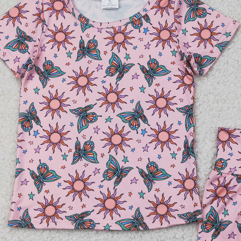 4.12 GSSO2437RTS NO MOQ Baby Girls Summer Outfits  Pink butterfly sun baby kids summer clothes