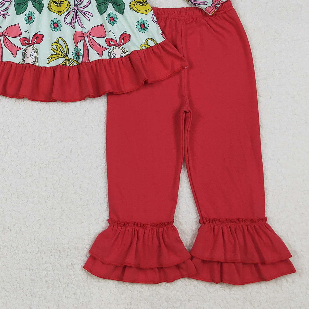 RTS NO MOQ （In stock）GLP2651 Baby Girls Winter Outfits Christmas Bows Plaid Green Faces Tunic Ruffle Pants Sets