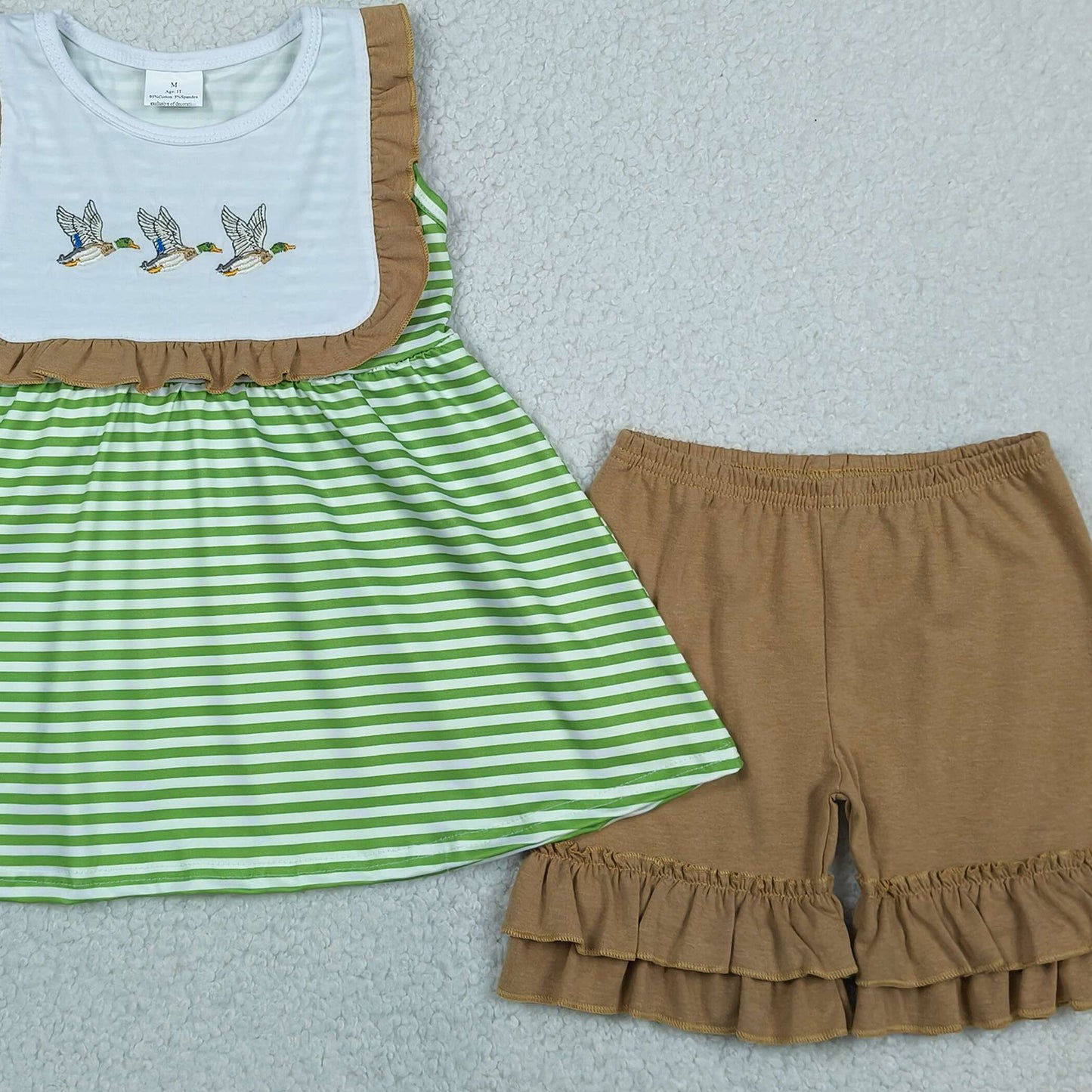 GSSO3432 RTS NO MOQ （In stock ）Duck embroidery stripe tunic brown shorts girls outfits