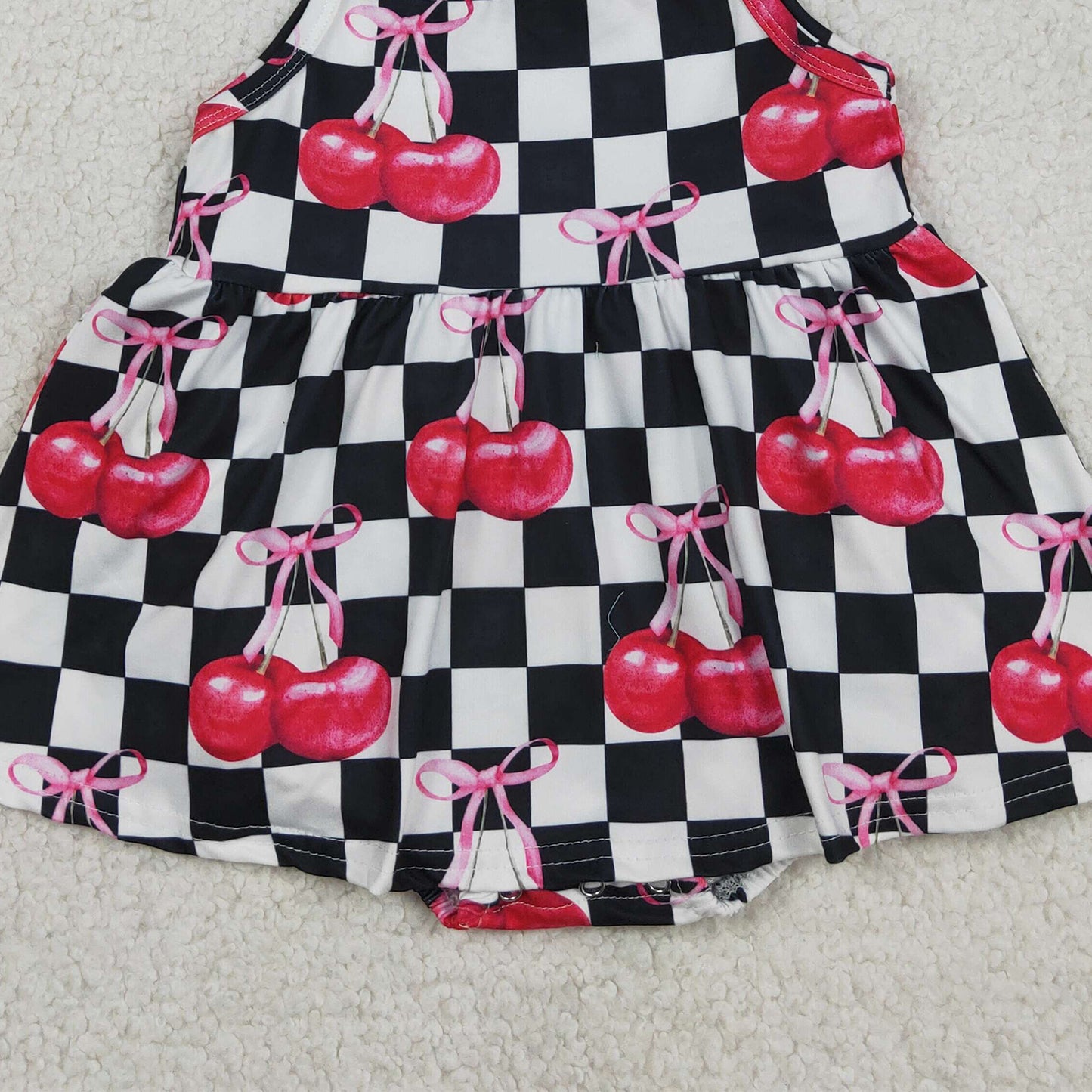 SR3854 RTS NO MOQ （In stock）Straps black plaid cherry bow baby girls summer romper