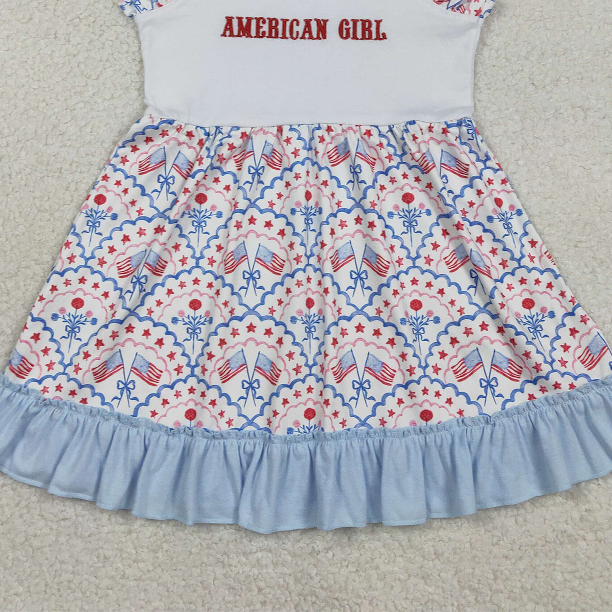 1.23 RTS NO MOQ （In stock）GSD3239 Embroidery American Girls Strap Bows Flags 4th of July Ruffle Knee Length Dress