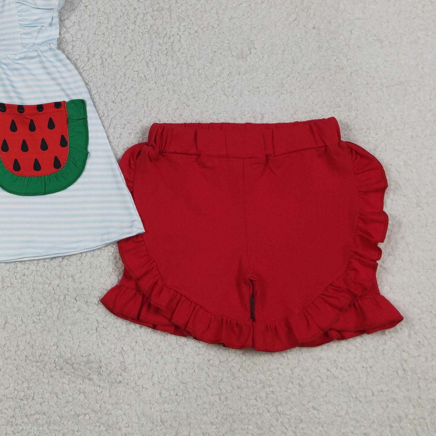 GSSO3636 RTS NO MOQ （In stock）Embroidery Watermelon Baby Girls Blue Stripe Pockets Tunic Ruffle Short Clothes Sets