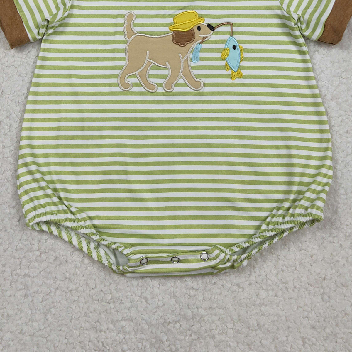 1.27 RTS NO MOQ （In stock）SR3765 Embroidery Dog Fishes Baby Boys Short Sleeve Stripe Hunting Rompers