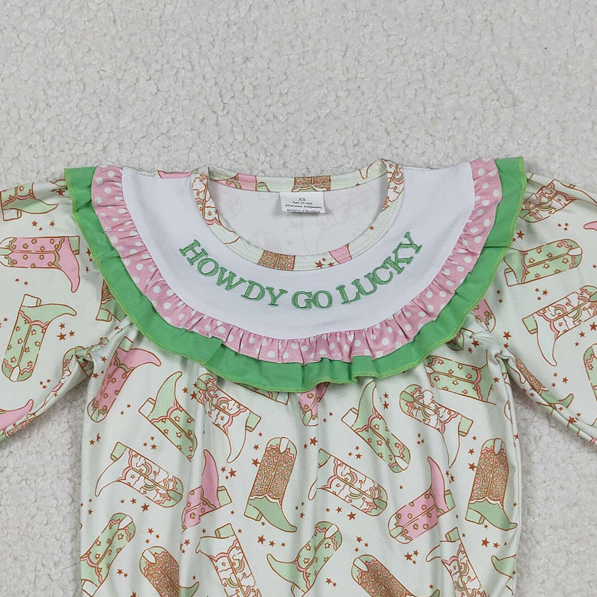 12.23 RTS NO MOQ （In stock）LR2840 Baby Girls Winter Rompers Embroidery Howdy Go Lucky Baby Girls Boots Stars Western Ruffle Rompers