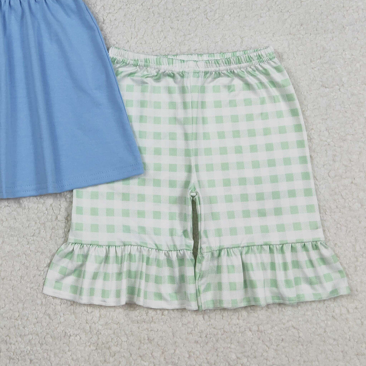 12.30 RTS NO MOQ （In stock）GSSO2728 Embroidery Ducks Baby Girls Flutter Sleeve Tunic Checked Ruffle Shorts Clothes Sets