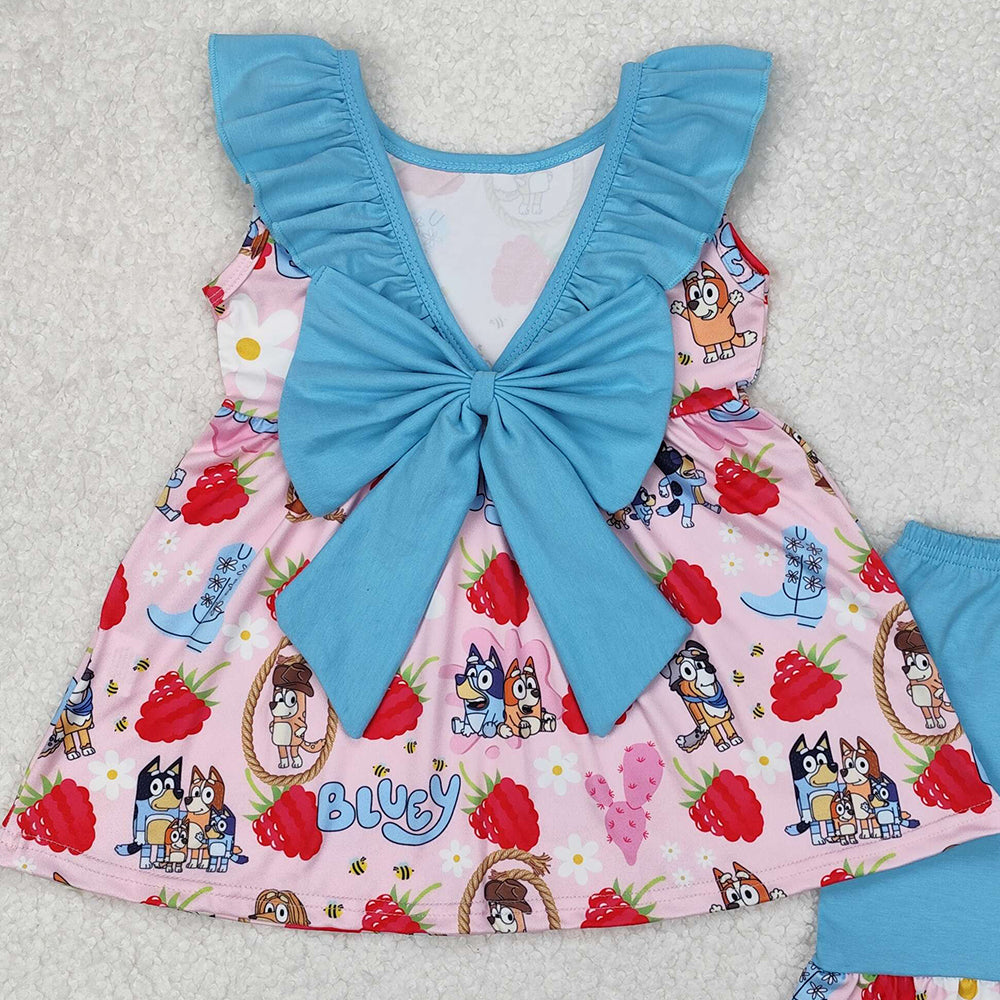 GSSO1904Girls Strawberry Dog Floral Ruffle Tunic Short Set Cute Animal Print Outfit for Kids