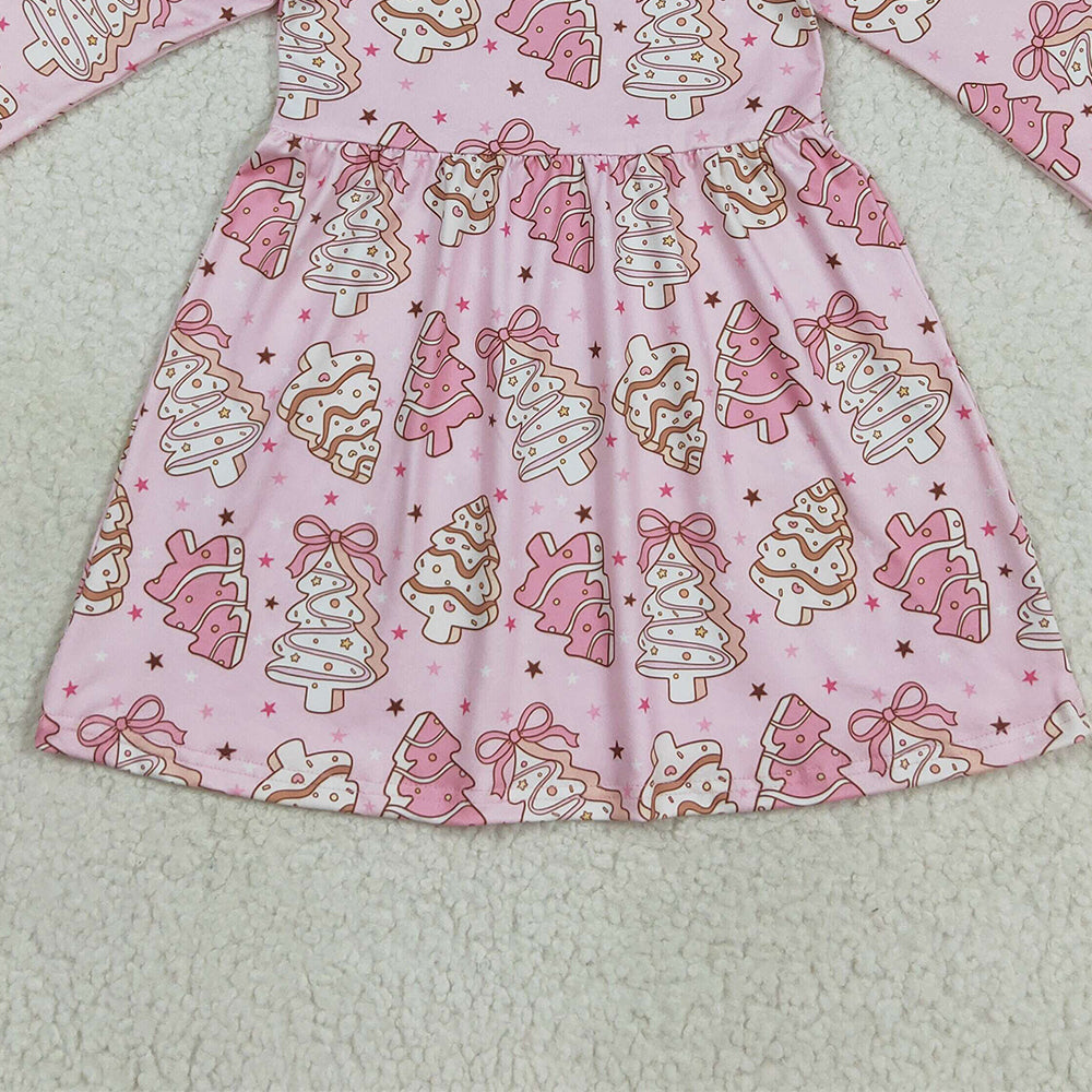 RTS NO MOQ （In stock）GLD1124Baby Girls Winter Dress Baby Girls Christmas Tree Cake Pink Long Sleeve Dress