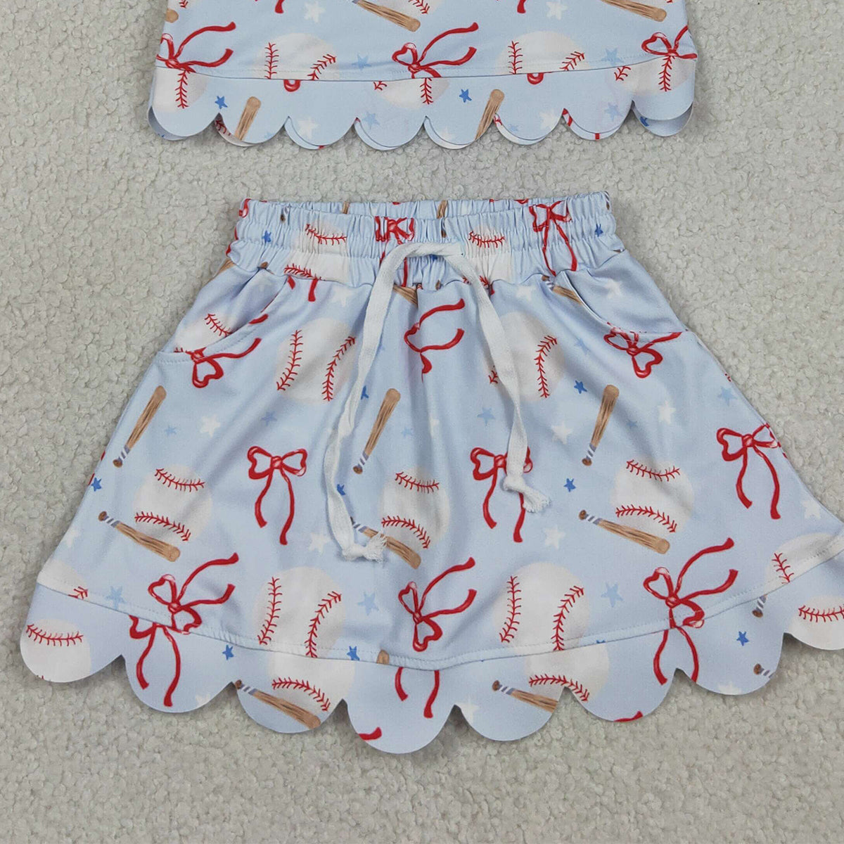 GSD3656 RTS NO MOQ （In stock ）Short sleeves baseball bow scallop top skirt girls active outfit