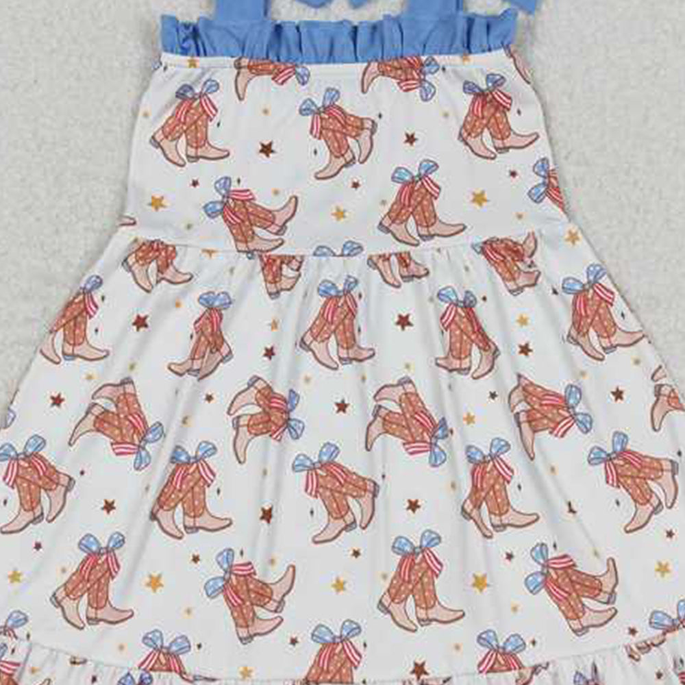 6.24   GSD1166 RTS NO MOQ Straps bow boots girls western 4th of july dresses