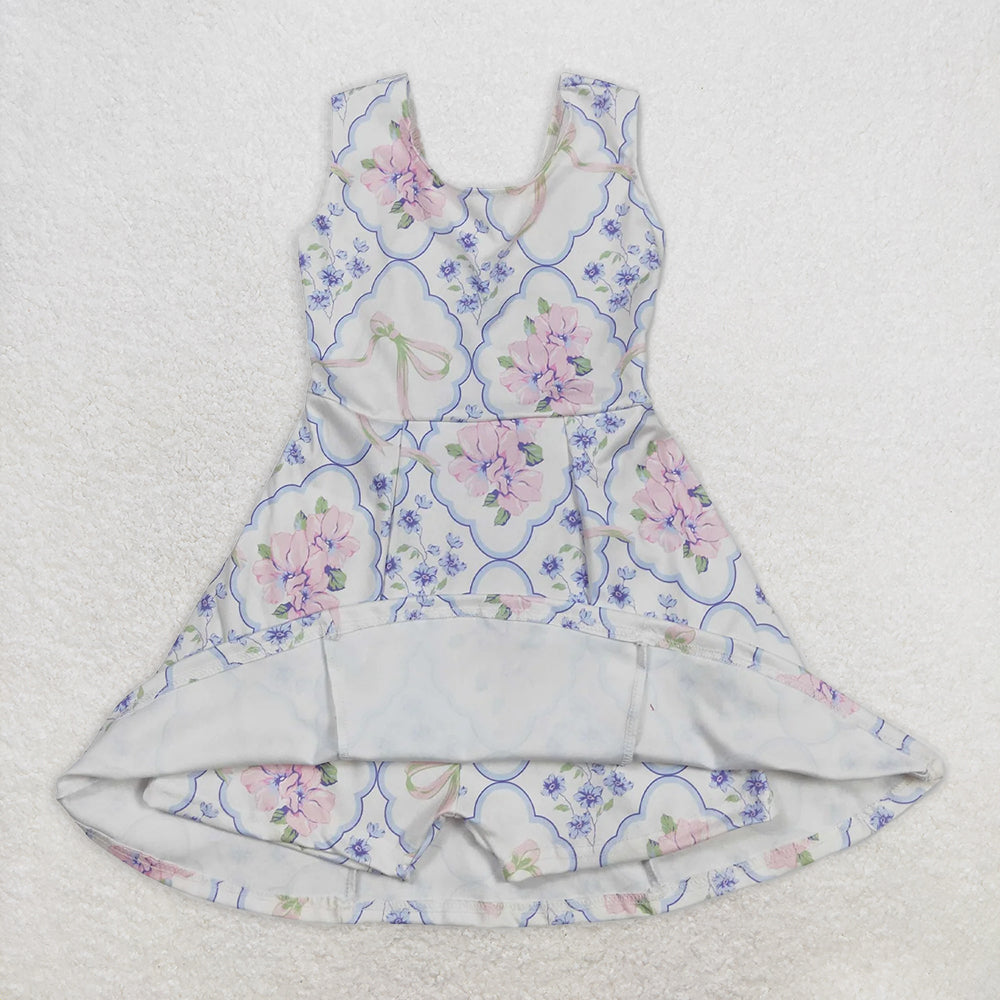 GSD1864RTS NO MOQ Baby Girls Summer Yoga Dress Charming Sleeveless Athletic Dresses for Baby Girls in Light Blue Pink Floral with Bow