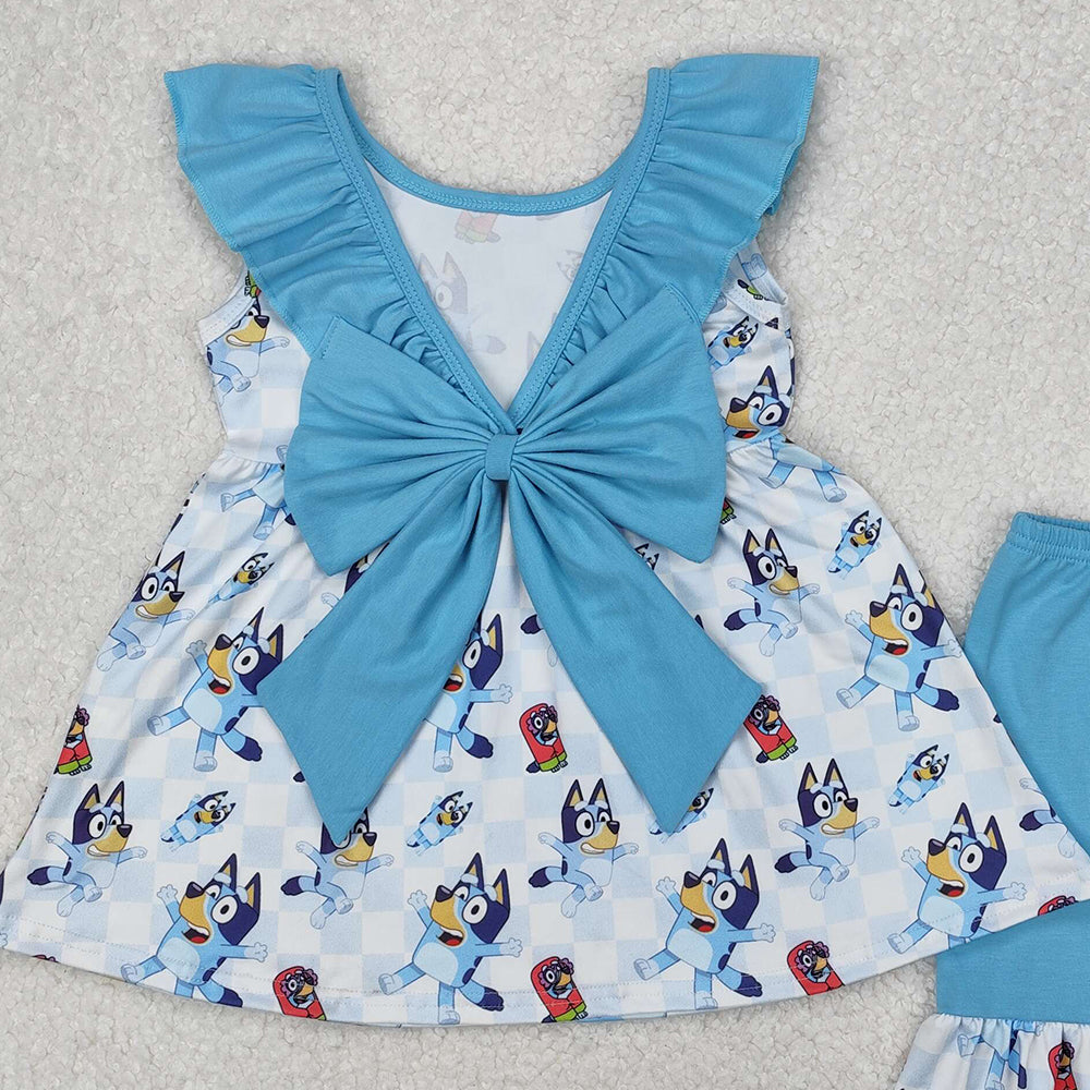 GSSO1886Blue Plaid Dog Tunic Sleeveless Ruffle Shorts Set Girls Outfit Casual Clothing Set for Kids