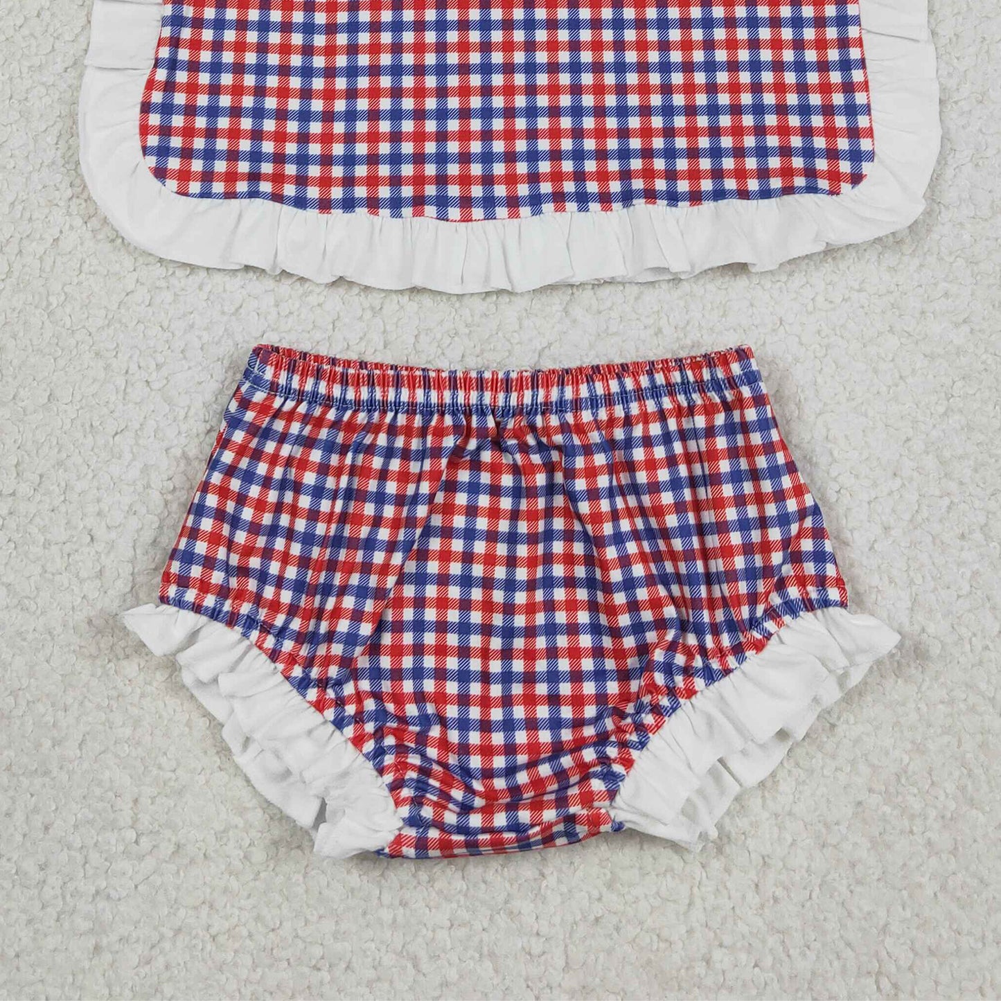 GBO0527 RTS NO MOQ （In stock）Ruffle red blue plaid baby girls 4th of july bummies set
