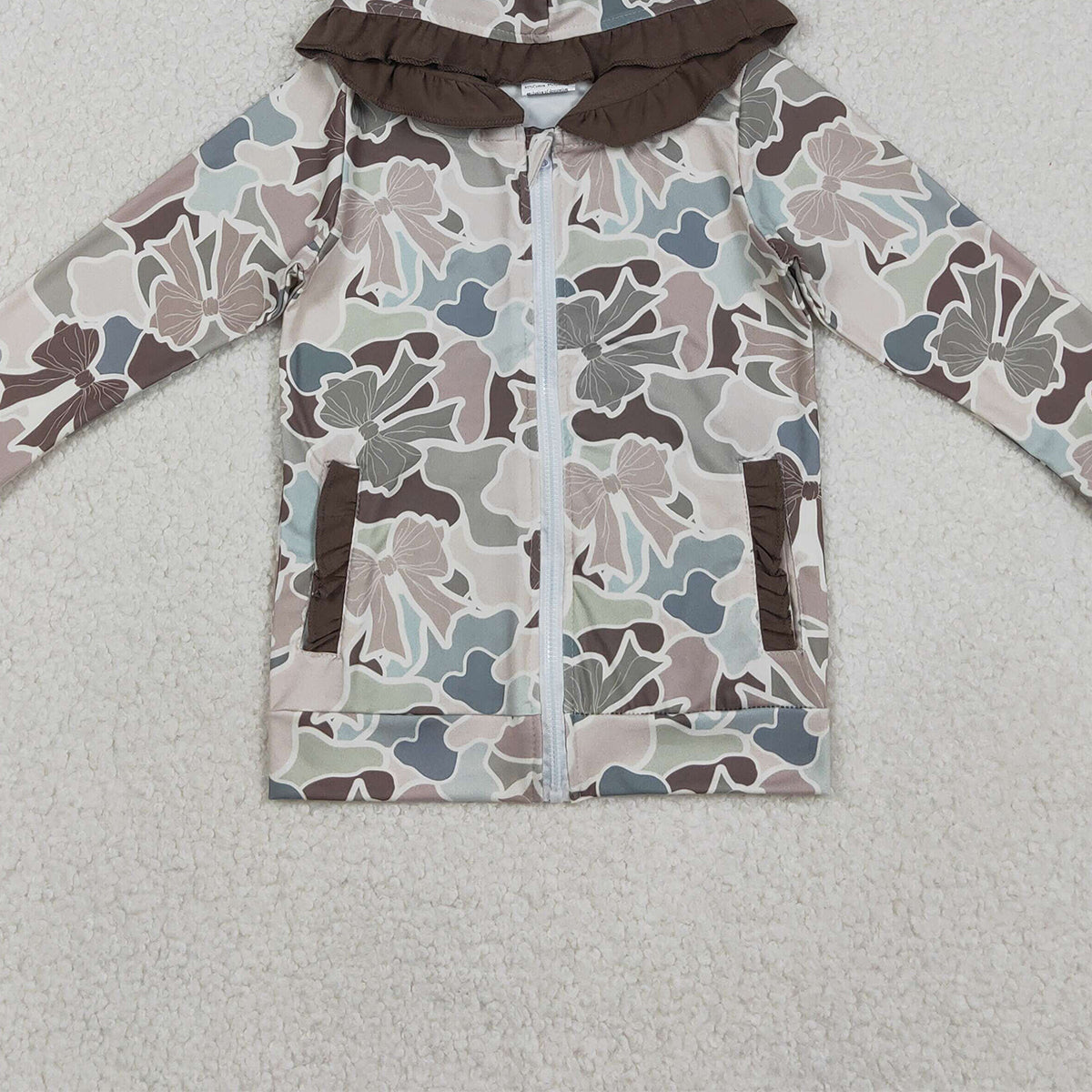 11.11 RTS NO MOQ （In stock）GT1263 Baby Girls Bows Camo Pockets Zipper Hunting Ruffle Hoodies Top