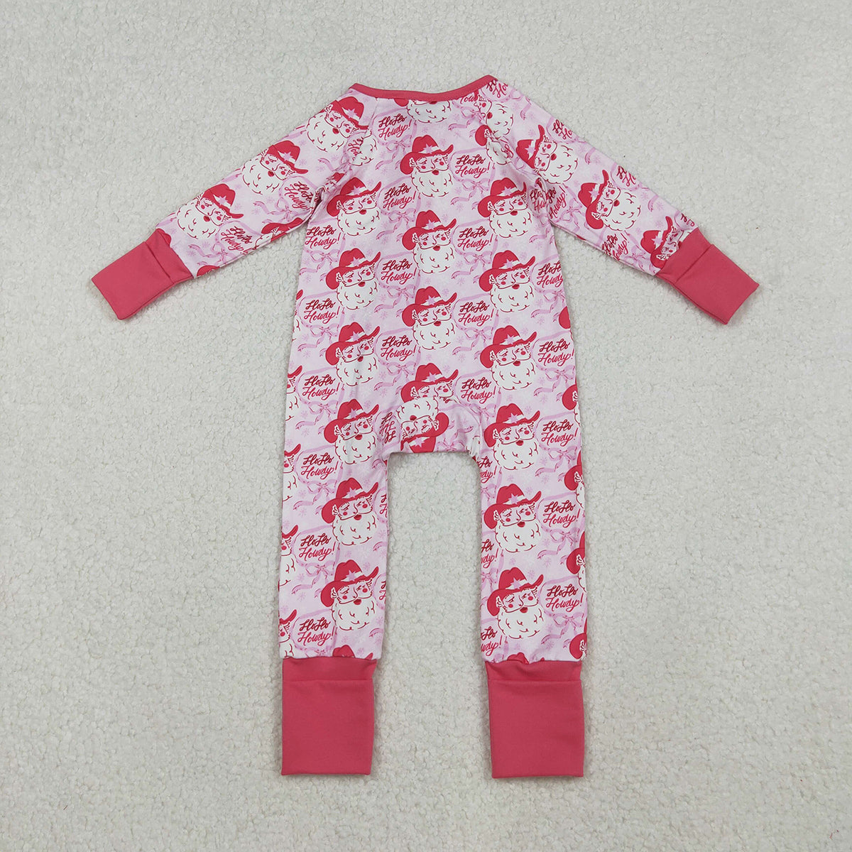10.15 RTS NO MOQ （In stock）LR2243 Baby Girls Winter Rompers Baby Girls Pink Bows Santa Christmas Zipper Footie Rompers