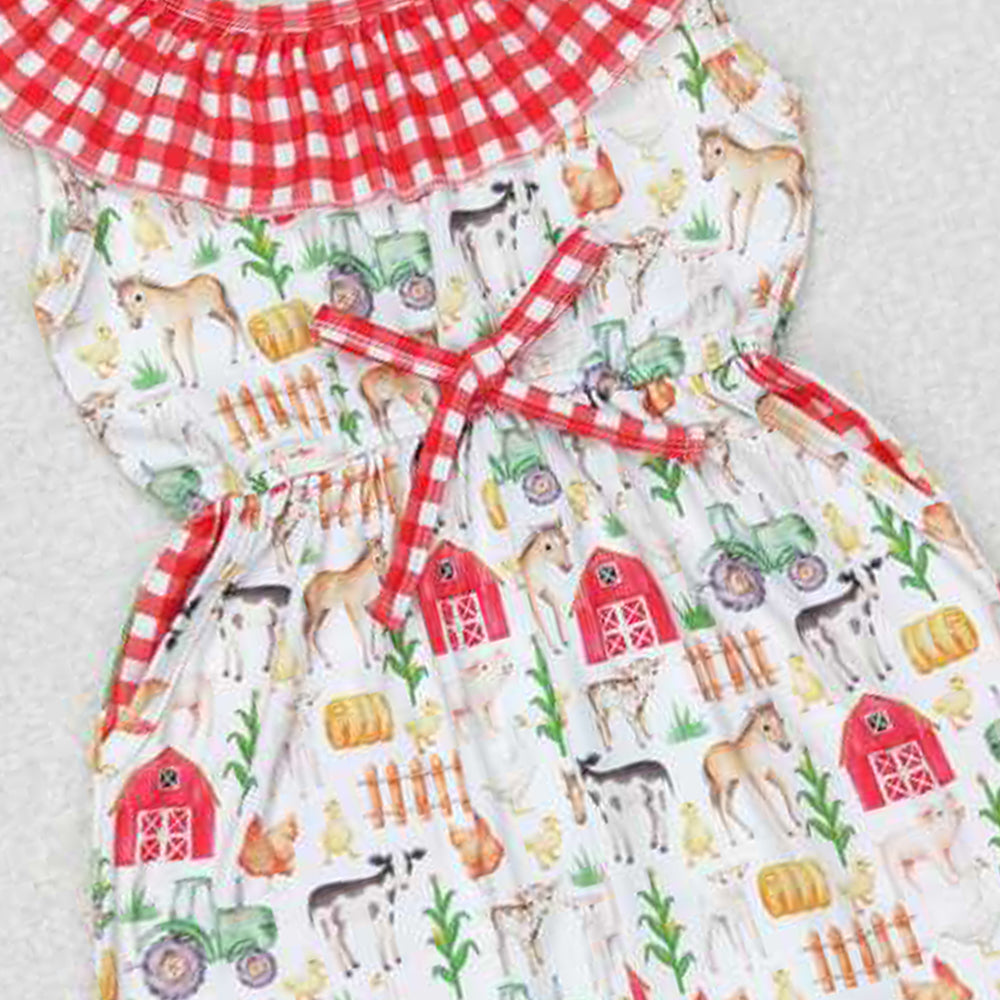 4.22 SR1301 RTS NO MOQ Plaid pig horse chicken pockets baby girls farm jumpsuit