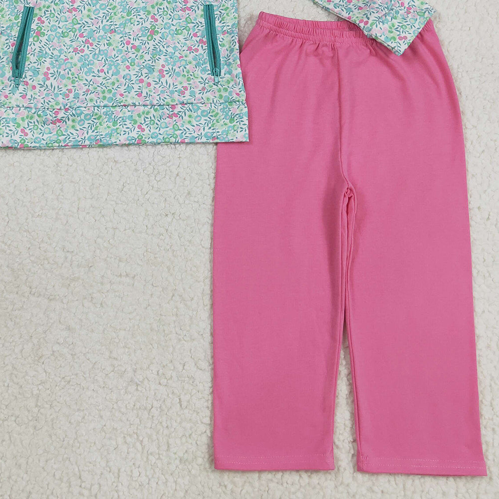 RTS NO MOQ （In stock）GLP2414 Baby Girls Winter Outfits Baby Girls Long Sleeves Green Floral Pockets Zipper Top Pink Pants Sets