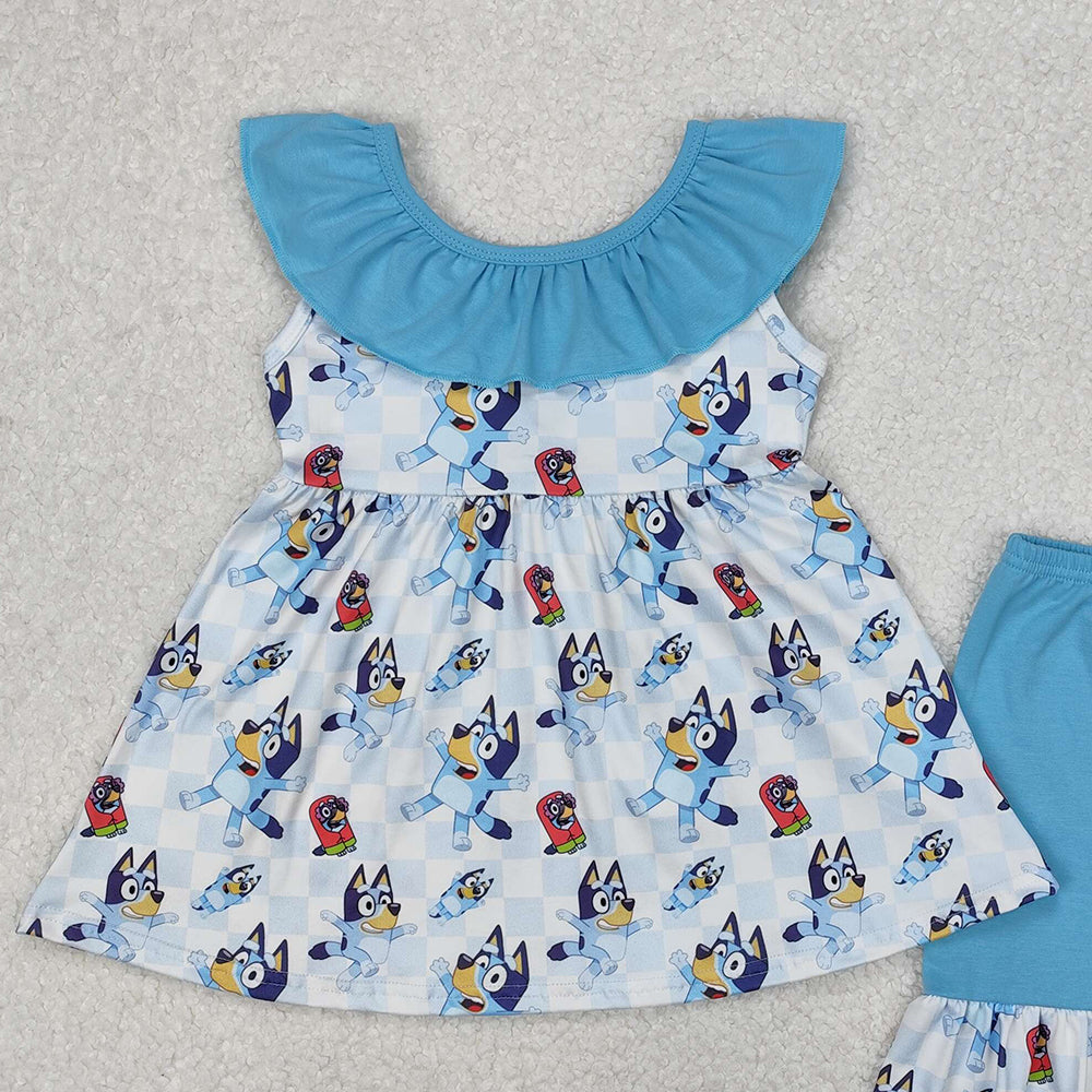GSSO1886Blue Plaid Dog Tunic Sleeveless Ruffle Shorts Set Girls Outfit Casual Clothing Set for Kids