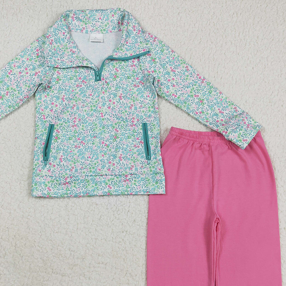 RTS NO MOQ （In stock）GLP2414 Baby Girls Winter Outfits Baby Girls Long Sleeves Green Floral Pockets Zipper Top Pink Pants Sets