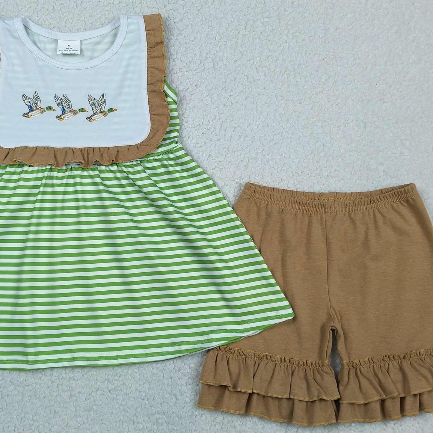 GSSO3432 RTS NO MOQ （In stock ）Duck embroidery stripe tunic brown shorts girls outfits