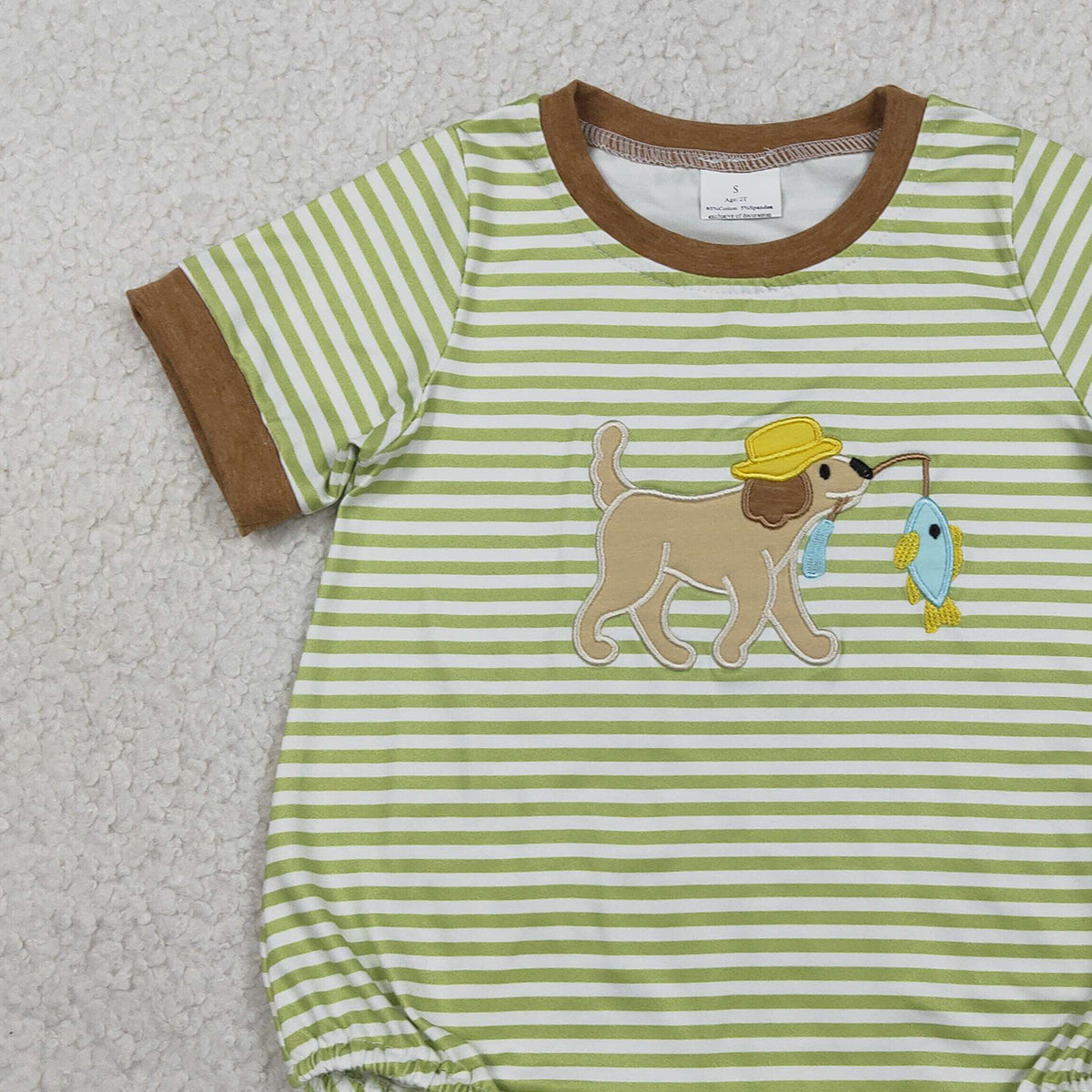1.27 RTS NO MOQ （In stock）SR3765 Embroidery Dog Fishes Baby Boys Short Sleeve Stripe Hunting Rompers