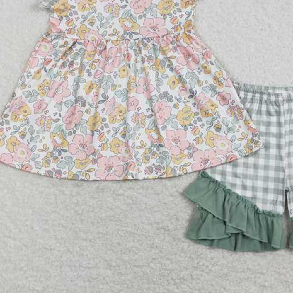 GSSO0565Girls Plaid Suspender Tunic with Floral Ruffle Shorts Set Cute Preemie to 14T Size Matching Family Outfit Option