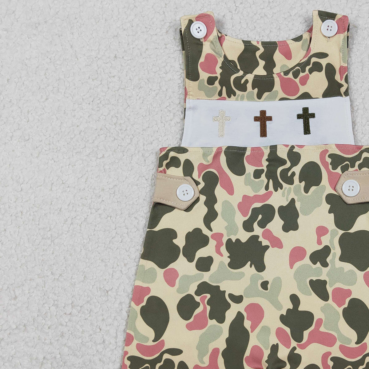 12.16 RTS NO MOQ （In stock）SR3290 Baby Boys Rompers Embroidery Crosses Baby Boys Camo Easter Shorts Rompers