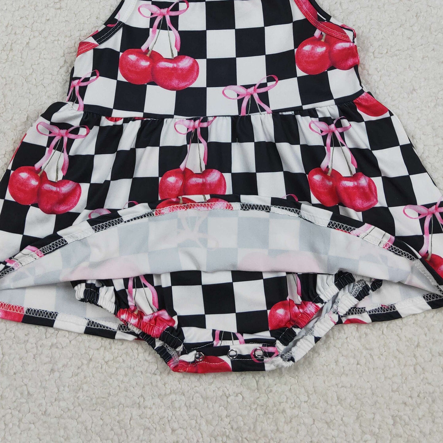 SR3854 RTS NO MOQ （In stock）Straps black plaid cherry bow baby girls summer romper