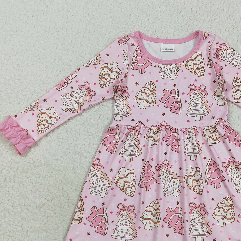 RTS NO MOQ （In stock）GLD1124Baby Girls Winter Dress Baby Girls Christmas Tree Cake Pink Long Sleeve Dress