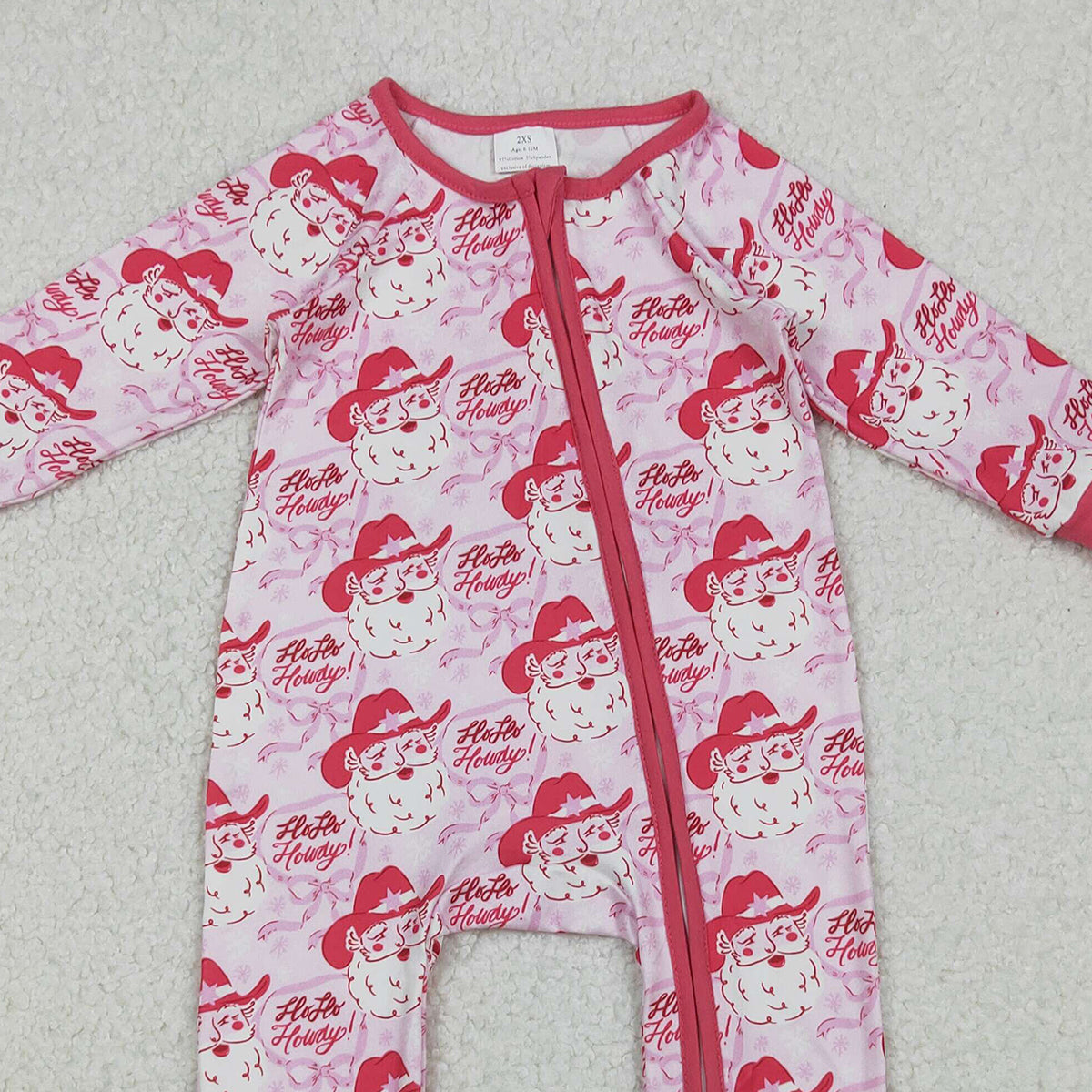 10.15 RTS NO MOQ （In stock）LR2243 Baby Girls Winter Rompers Baby Girls Pink Bows Santa Christmas Zipper Footie Rompers