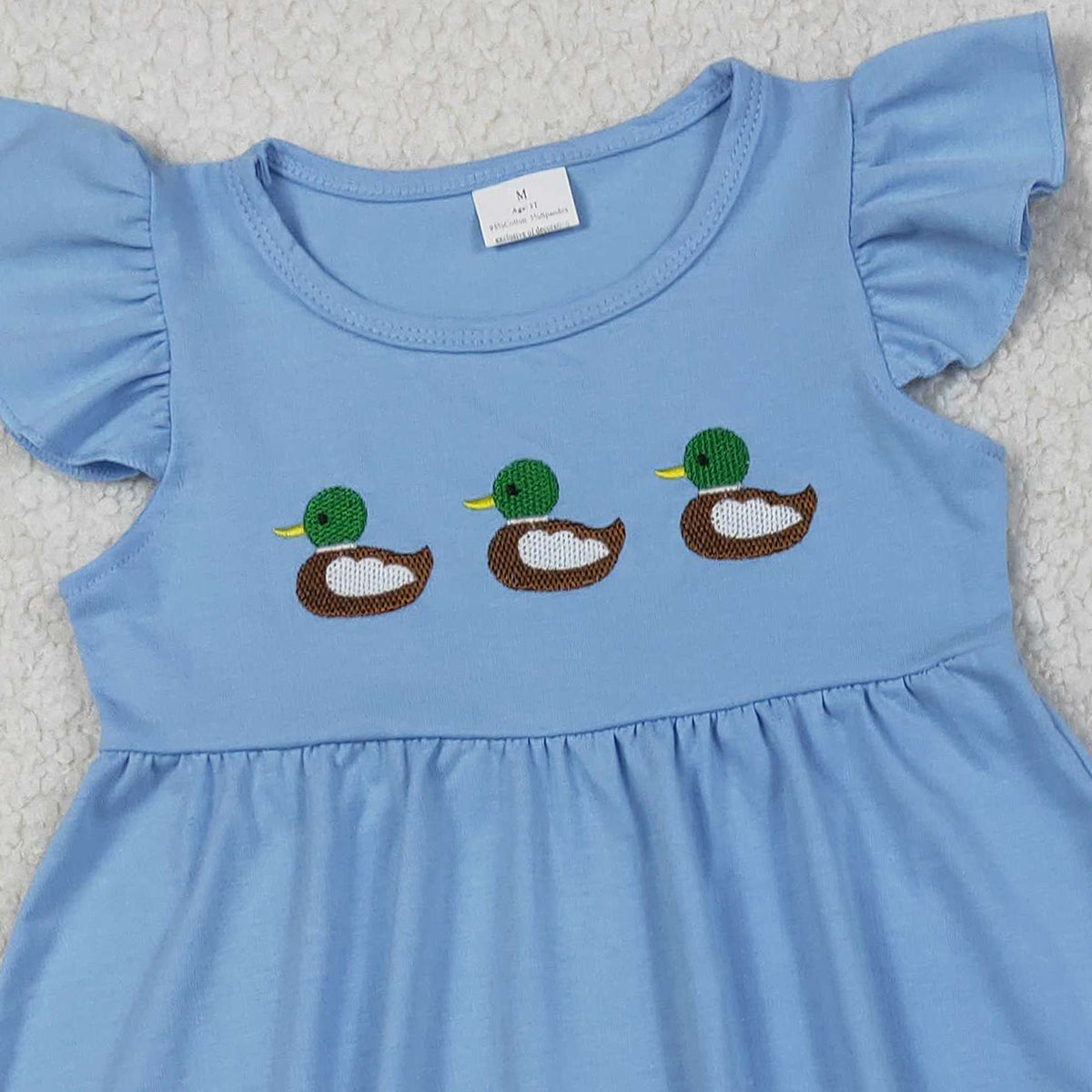12.30 RTS NO MOQ （In stock）GSSO2728 Embroidery Ducks Baby Girls Flutter Sleeve Tunic Checked Ruffle Shorts Clothes Sets