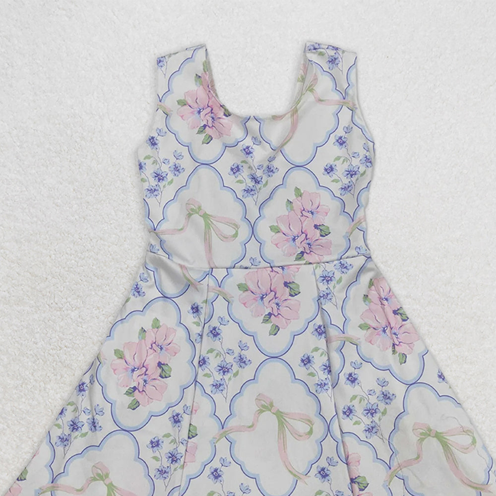 GSD1864RTS NO MOQ Baby Girls Summer Yoga Dress Charming Sleeveless Athletic Dresses for Baby Girls in Light Blue Pink Floral with Bow