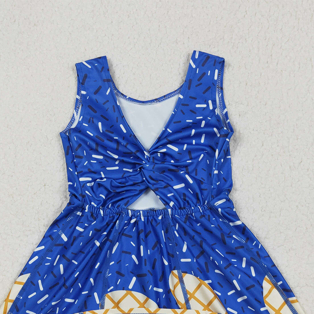 RTS NO MOQ （In stock）GSD2751 Baby Girls Summer Yoga Dress Baby Girls Royal Blue Drip Sprinkles Team Yoga Active Knee Length Dresses
