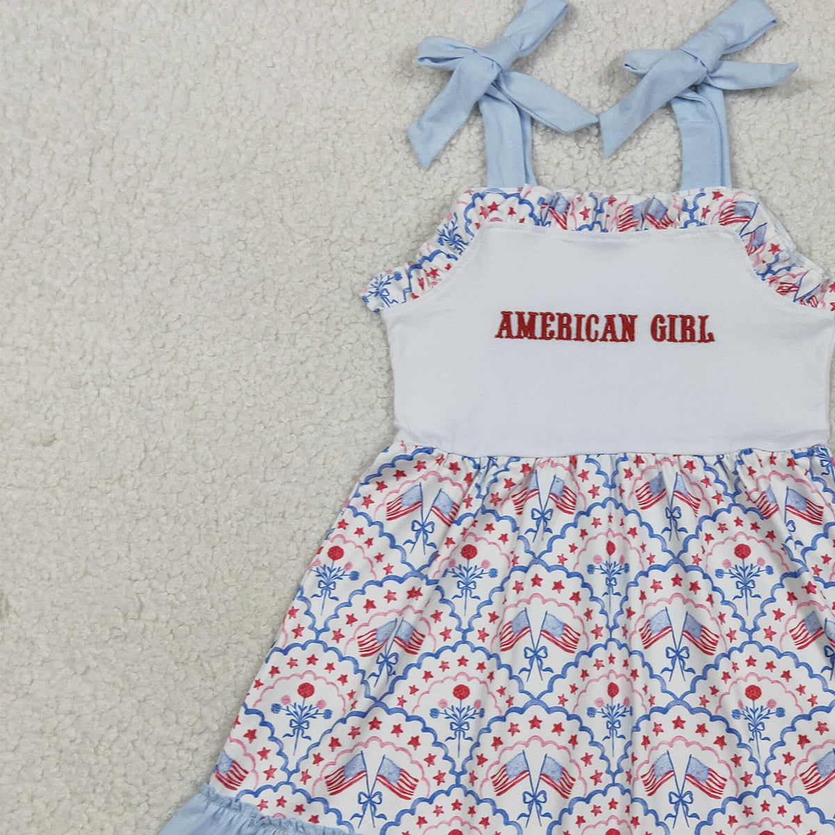 1.23 RTS NO MOQ （In stock）GSD3239 Embroidery American Girls Strap Bows Flags 4th of July Ruffle Knee Length Dress